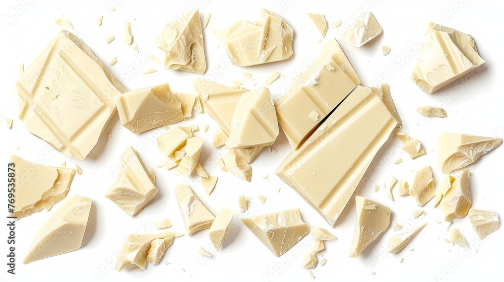 Aufkleber The broken white chocolate set is isolated on a white background. It is made up of random pieces of irregular shape that can be used for package design.