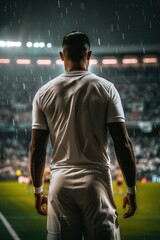 Back of a soccer player in pure white blank soccer jersey, big soccer stadium with full of crowd in the background. Rainy weather at night.