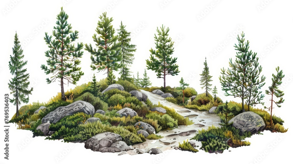 Poster Tree-lined forest path. Cutout trees isolated on white background. Forest scape with trees and bushes among the rocks.