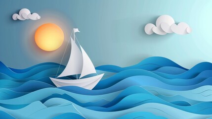 Paper sailboat journey in the blue sea, Paper art and digital craft style background, Modern illustration - obrazy, fototapety, plakaty