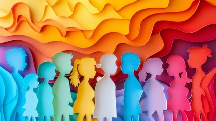Children crowd illustration in layered abstract papercut style. School student or education concept silhouette. Modern 3D papercut design of a crowd of children. - obrazy, fototapety, plakaty