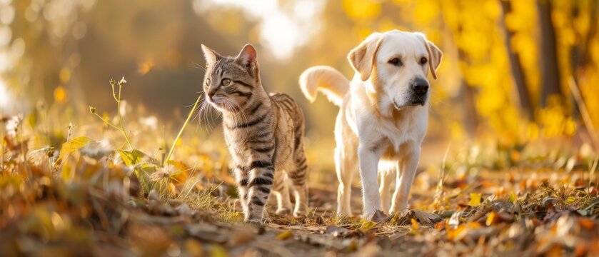 An adorable striped cat and a cheerful dog stroll in a sunny spring field