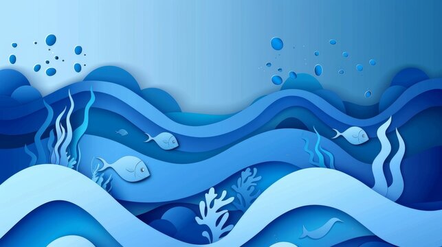 The World Ocean day header template is in the style of a paper cut design. Modern illustration. The Paper Cut Art Banner Underwater Sea Life. Abstract concept of sea marine life. Save water ecology