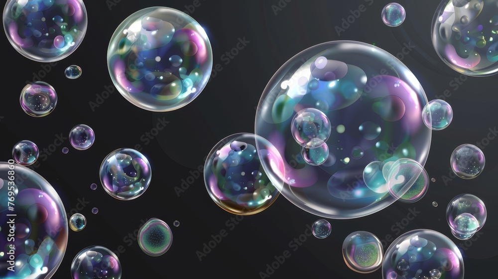 Poster A collection of realistic soap bubbles. These bubbles are located on a transparent background. They are moderns with flying soap bubbles.