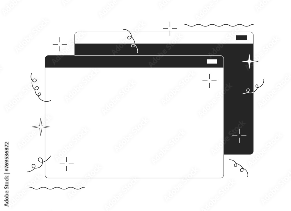 Poster open web site windows black and white 2d line cartoon objects. internet technology. searching inform