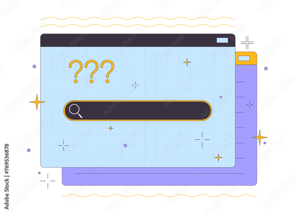 Poster search box and question marks on website 2d linear cartoon object. find info online tools isolated l
