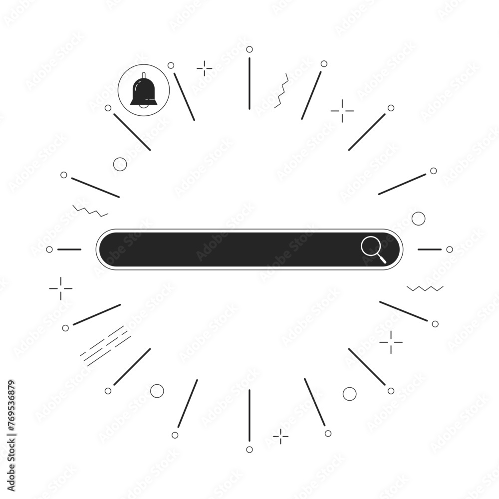Poster search bar with notification bell in frame black and white 2d line cartoon objects. web browser inte