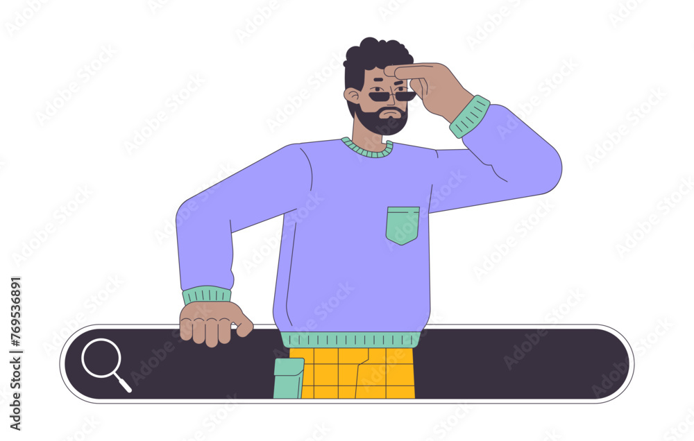 Poster man having problems with online search 2d linear cartoon character. black male looking out of browse