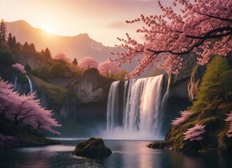 Majestic Waterfall and Cherry Blossoms JPEG ai-generated