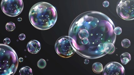 A collection of realistic soap bubbles. These bubbles are located on a transparent background. They are moderns with flying soap bubbles.
