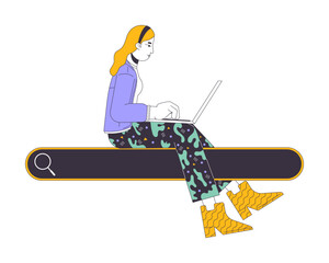 Woman with laptop sitting on search box 2D linear cartoon character. Caucasian female surfing internet isolated line vector person white background. Information online color flat spot illustration