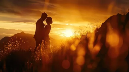  A man and a woman are standing in a field, the sun setting behind them, casting a warm glow over the landscape © sommersby