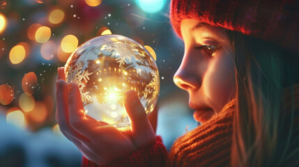 A woman with long dark hair holding a crystal ball in her hands - obrazy, fototapety, plakaty