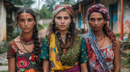 Three women with colorful headscarves and traditional attire stand together, expressions serene, in a village backdrop