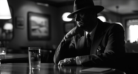A man dressed in a suit and hat is seated at a bar - obrazy, fototapety, plakaty