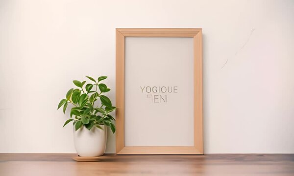 Poster mockup with a green plant and wooden frames on white. 4K Video
