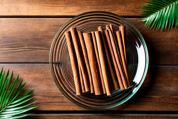 Still life of cinnamon sticks in glass plate with palm leaf on wood board on table, top view. Rustic style of natural food of ceylon cinnamon sticks. Delicious healthy concept. Copy ad text space - obrazy, fototapety, plakaty