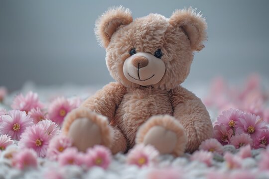 A girl holding a teddy bear with pink flowers is isolated on a white background