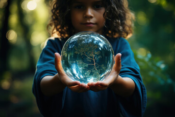 Naklejka premium A young girl holding a crystal ball in her hands, examining it closely