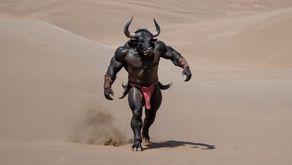 Naklejka premium Mythical Minotaur Charging Through the Desert Sands
