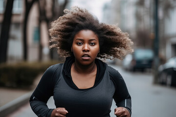 African American overweight woman with flowing hair runs down a city street, her hair fluttering in the wind as she races forward