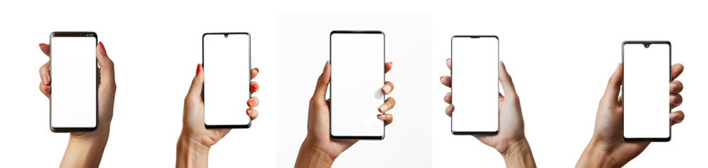 woman's hand holding a white screen smart phone on transparency background PNG
