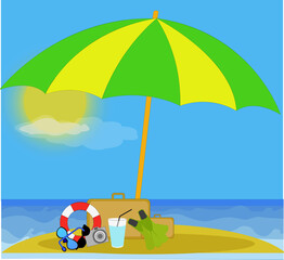 Petite île avec parasol et équipement de plage face à la mer	