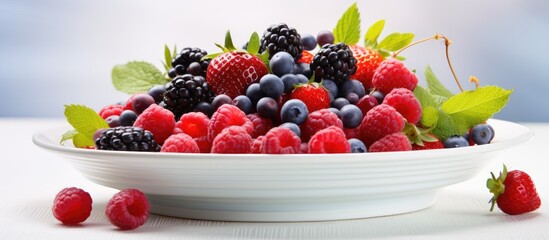 A white plate filled with a colorful assortment of strawberries, raspberries, blueberries, and blackberries, showcasing a variety of delicious and nutritious fruits