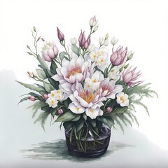 A large bouquet of white and pink peonies, tulips, lilies, ferns in an elegant black glass vase on the table, watercolor style, white background