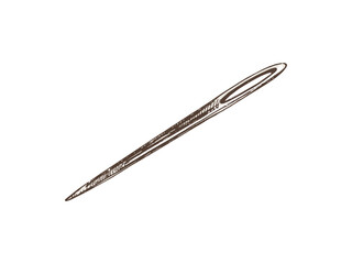 Hand-drawn colored sketch of sewing needle. Handmade, sewing equipment concept in vintage doodle style. Engraving style.