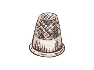 Hand-drawn colored sketch of sewing thimble. Handmade, sewing equipment concept in vintage doodle style. Engraving style.