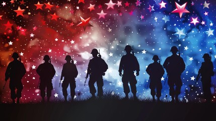 The proud march of military silhouettes is illuminated by a starry backdrop, capturing the essence of courage and patriotism on Memorial Day. - obrazy, fototapety, plakaty