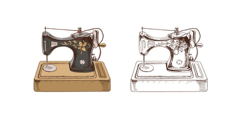 Hand-drawn colored and monochrome  sketches of vintage sewing machines. Handmade, sewing equipment concept in vintage doodle style. Engraving style.