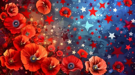 Vibrant red poppies and a dazzling array of patriotic stars set against a gradient background, celebrating Memorial Day with splendor. - obrazy, fototapety, plakaty