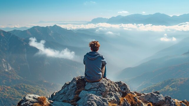 rear view of a lone man enjoying a stunning vista while sitting on a mountain.