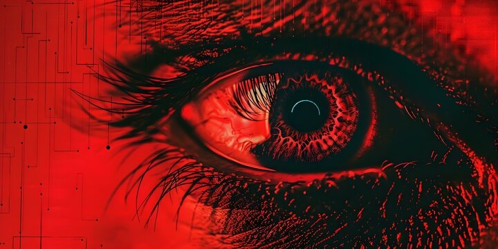 Eye closely monitoring a machine learning algorithm for anomalies on a red screen. Concept Machine Learning Anomalies, Monitoring System, Red Screen, Artificial Intelligence, Surveillance Technology