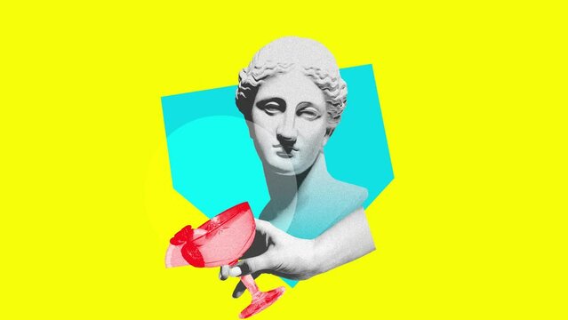 Antique statue bust and hand holding sweet and sour cocktail over bright yellow background. Stop motion, animation. Concept of party, surrealism, alcohol drinks. Pop art. Noise, grainy effect