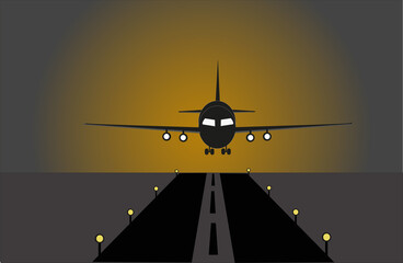 Silhouette de piste d'aéroport avec balises jaunes et avion en train d'atterrir sur fond de lever de soleil	