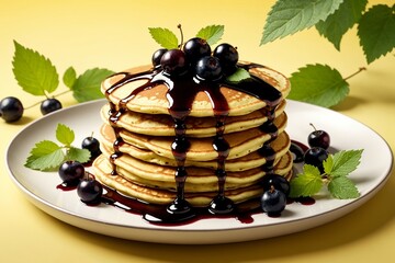 fried pancakes with black currant jam in a plate isolated on a yellow background - obrazy, fototapety, plakaty
