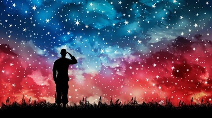 Fototapeta premium A soldier's silhouette saluting under a sky full of stars, representing respect and memory for those who served.