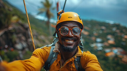 Adult man enjoys a zip line or canopy experience, The zip line or canopy tour offers an adrenaline rush.