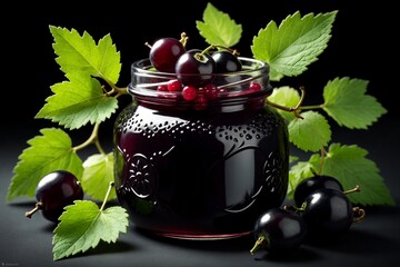 homemade black currant jam in a jar isolated on black background - obrazy, fototapety, plakaty