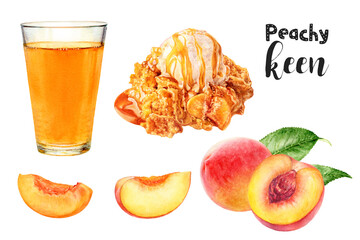 Watercolor illustration of peaches, juice and peach cobbler close-up. Design template for packaging, menu, postcards.