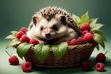 cute hedgehog in a basket with ripe raspberries - obrazy, fototapety, plakaty