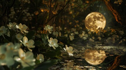 Enchanting view of white flowers basking in moonlight, reminiscent of a moon garden specifically designed for nighttime bloom and herbal mystique.