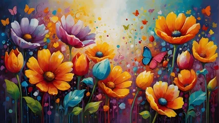 Foto op Plexiglas A joyously vibrant celebration of colors on "happy colours day," where every hue dances with exuberance. The main subject is an enchanting, multicolored garden filled with blooming flowers of all shad © Iram__Art's 