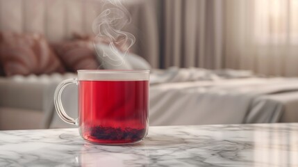 Wisps of steam rise from a glass mug of hot red tea on a marble surface, with the soft folds of a white bedsheet in the soft-focused background.