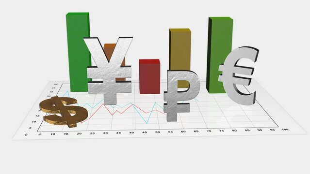 The concept of stock trading. 3D chart with icons of popular currencies