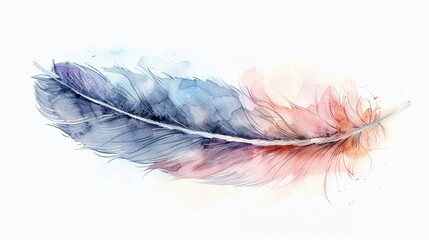 Hand-drawn pastel watercolor of a feather light as air against white - obrazy, fototapety, plakaty