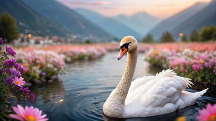 Twilight Serenity: Swan Amidst Blooming Water Lilies - obrazy, fototapety, plakaty